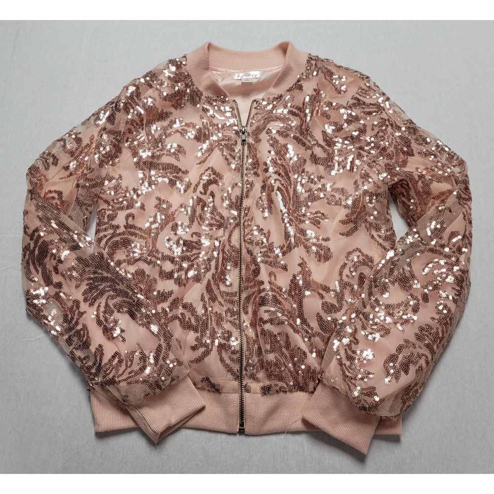 Women's Xhilaration Pink Sequin Bomber Jacket Size S Floral Sequin Design
